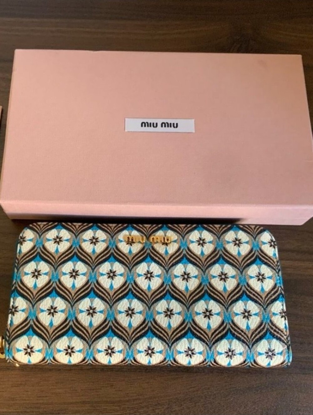 Miu Miu Blue, Cream & Brown Patterned Zip Wallet/ Bnwot